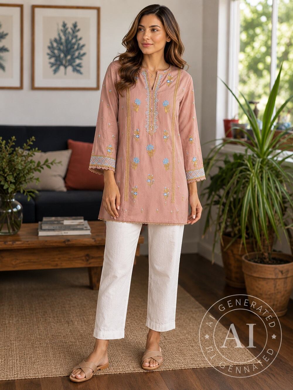 Sapphire Embroidered Tunic Dress Small Pink Floral Boho Pakistani Modest NWT